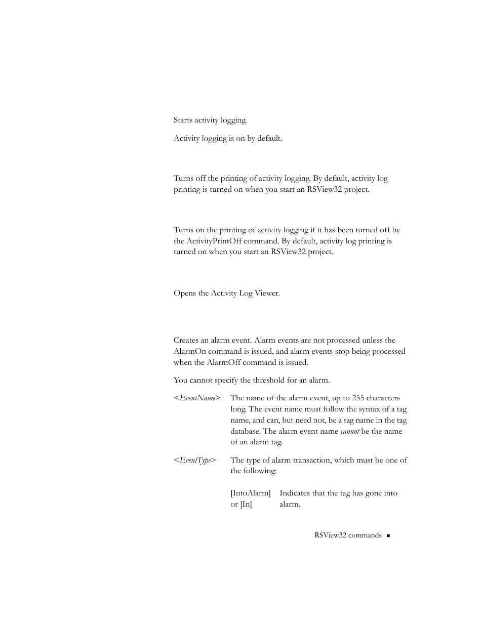 Activityon, Activityprintoff, Activityprinton | Activityviewer, Alarmevent | Rockwell Automation RSView32 Runtime Users Guide User Manual | Page 38 / 89