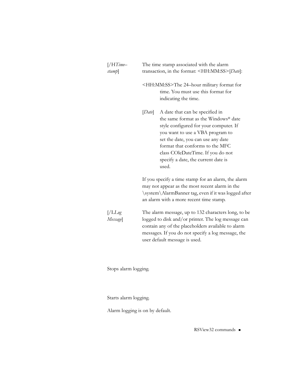 Alarmlogoff, Alarmlogon | Rockwell Automation RSView32 Runtime Users Guide User Manual | Page 40 / 89