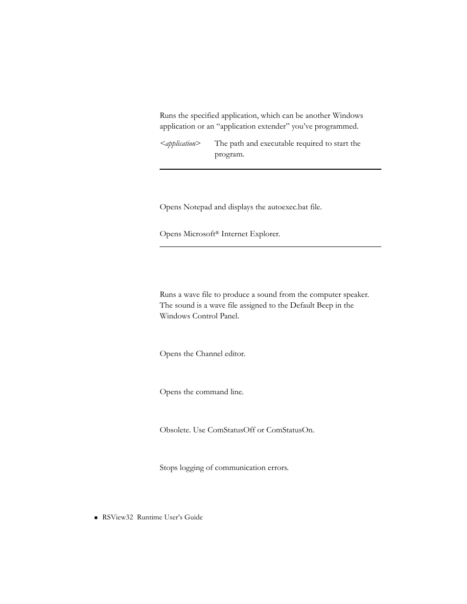 Appstart, Beep, Channel | Commandline, Comstatus, Comstatusoff | Rockwell Automation RSView32 Runtime Users Guide User Manual | Page 45 / 89