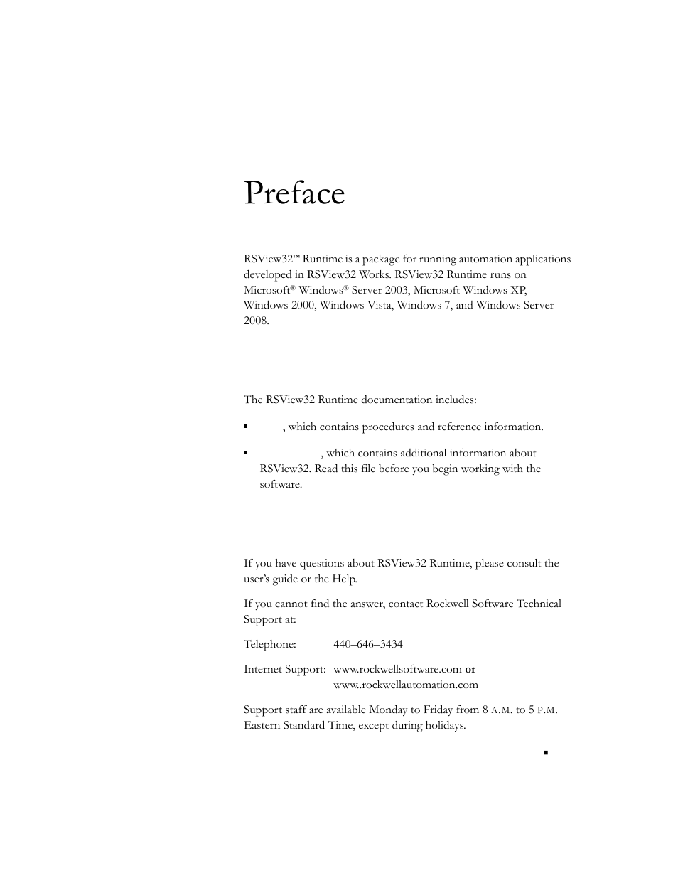 Preface, About the documentation, Technical support services | Chapter p | Rockwell Automation RSView32 Runtime Users Guide User Manual | Page 5 / 89