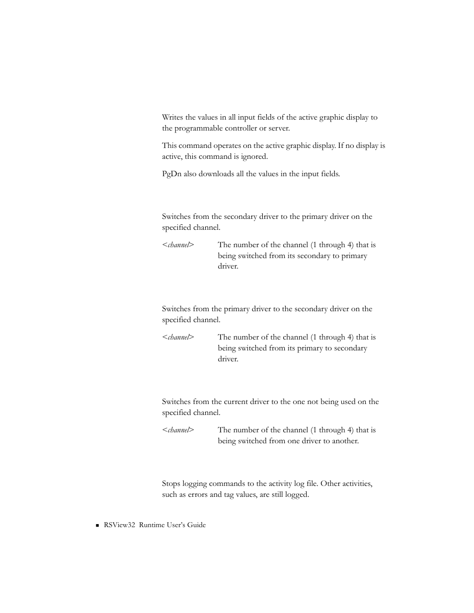 Downloadall, Driverprimary, Driversecondary | Drivertoggle, Echooff | Rockwell Automation RSView32 Runtime Users Guide User Manual | Page 57 / 89