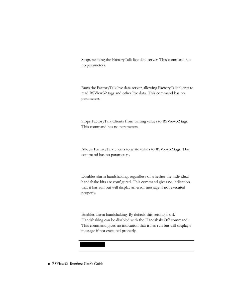 Ftdataserveroff, Ftdataserveron, Ftdatawrite disable | Ftdatawrite enable, Handshakeoff, Handshakeon | Rockwell Automation RSView32 Runtime Users Guide User Manual | Page 59 / 89