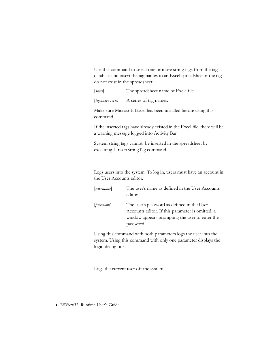 Linsertstringtag, Linsertstringtag [sheet] [tagname series, Login | Logout | Rockwell Automation RSView32 Runtime Users Guide User Manual | Page 63 / 89