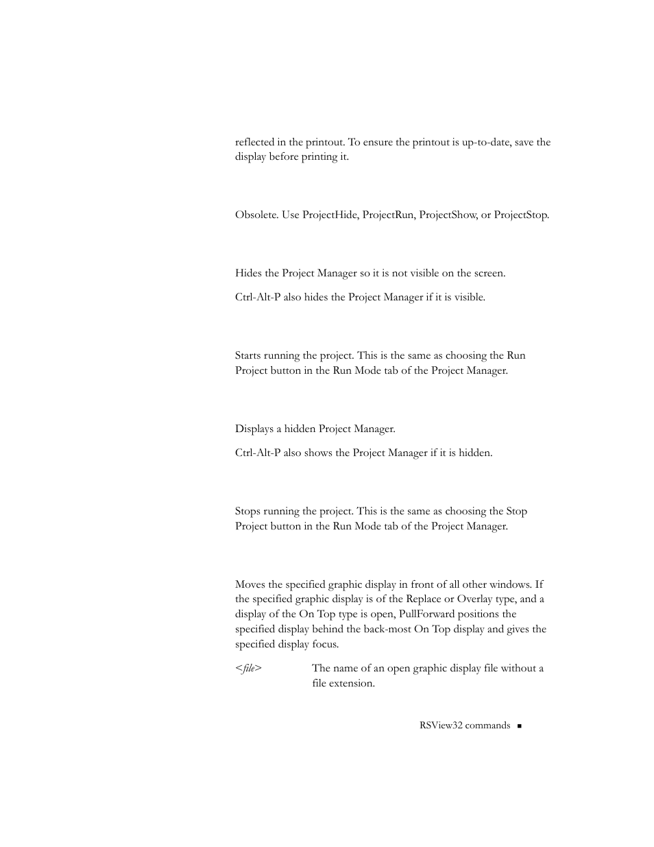 Project, Projecthide, Projectrun | Projectshow, Projectstop, Pullforward | Rockwell Automation RSView32 Runtime Users Guide User Manual | Page 70 / 89