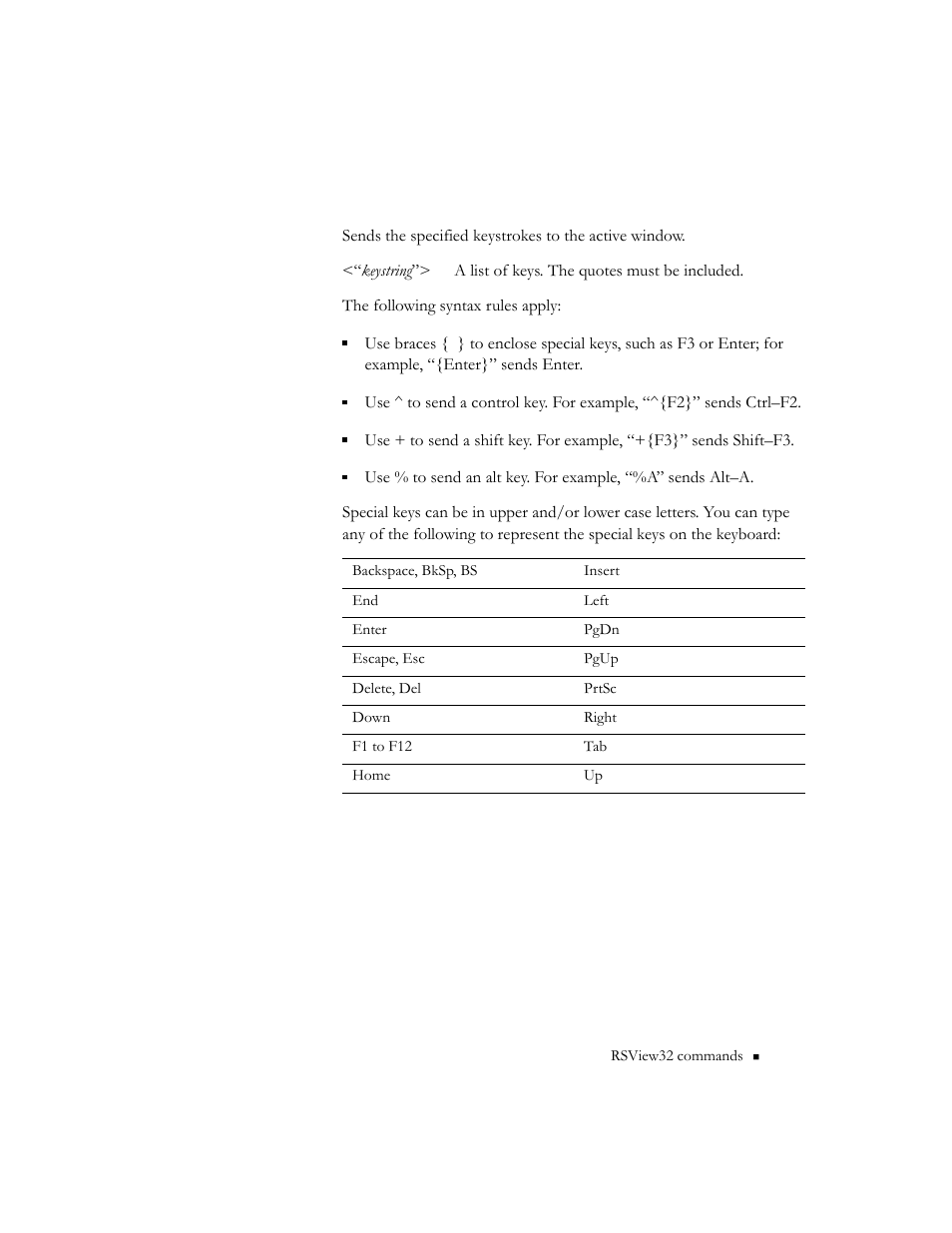 Sendkeys | Rockwell Automation RSView32 Runtime Users Guide User Manual | Page 76 / 89