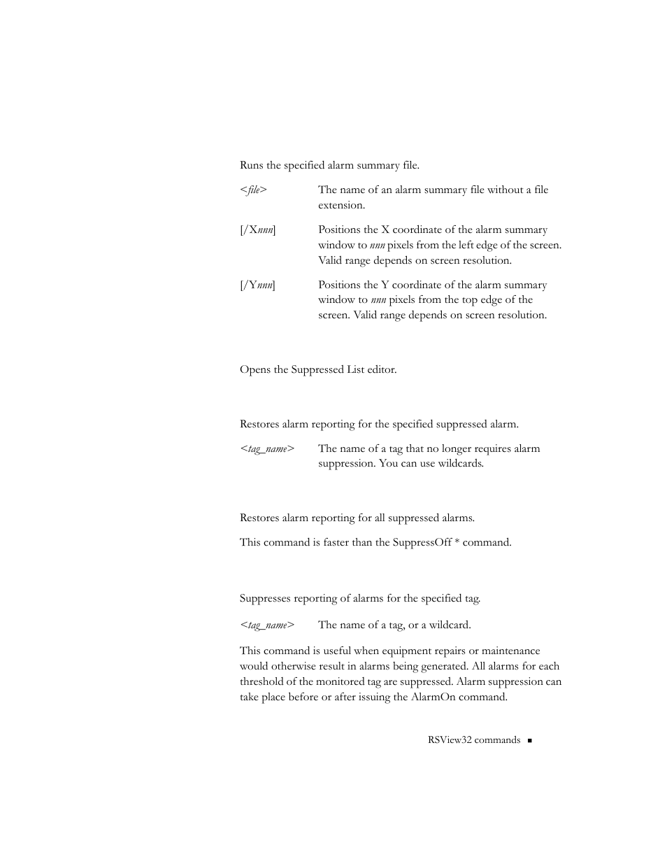 Summary, Suppressed, Suppressoff | Suppressoffall, Suppresson | Rockwell Automation RSView32 Runtime Users Guide User Manual | Page 80 / 89