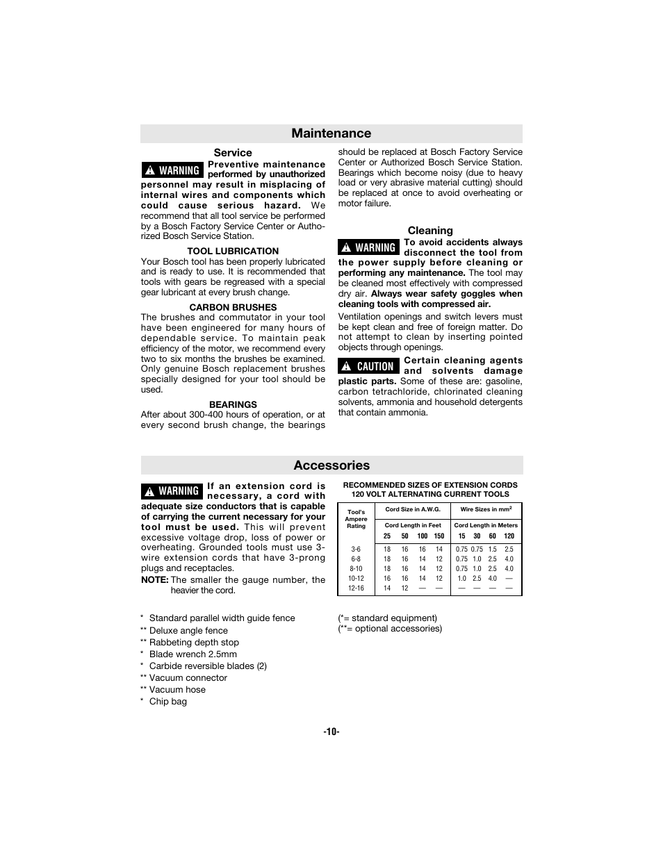 Accessories, Maintenance, Service | Cleaning, Warning, Caution | Bosch 3365 User Manual | Page 10 / 32