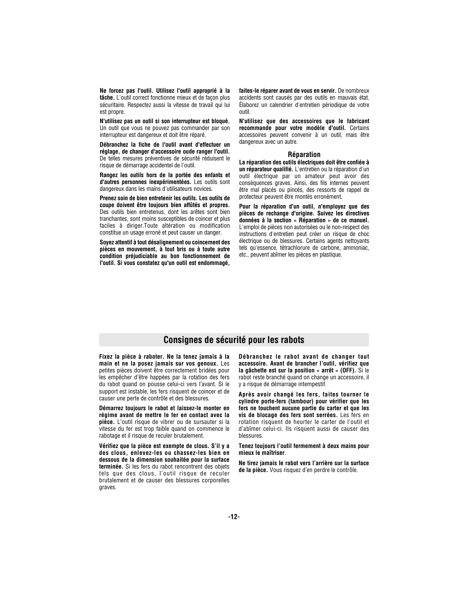 Consignes de sécurité pour les rabots | Bosch 3365 User Manual | Page 12 / 32