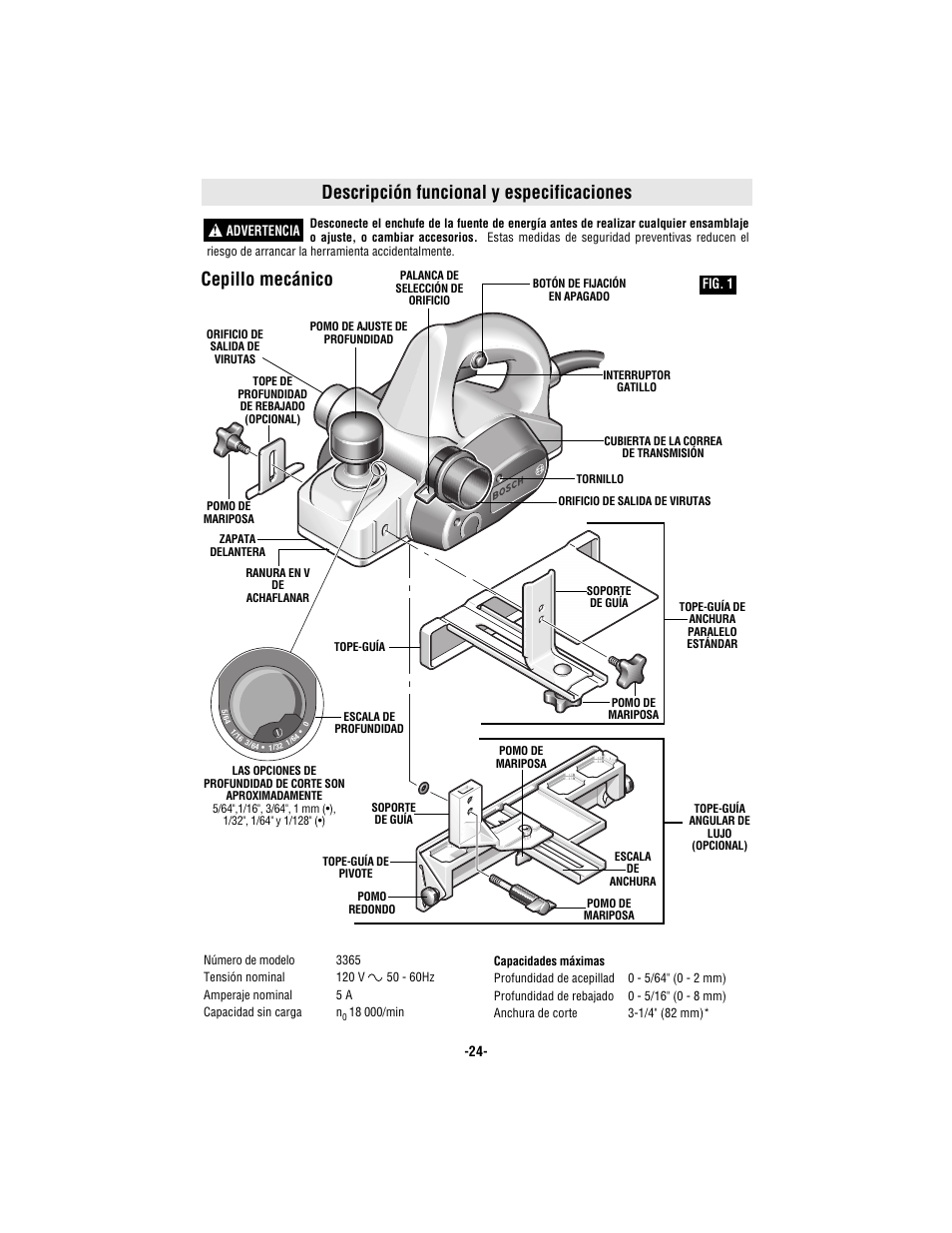 Descripción funcional y especificaciones, Cepillo mecánico | Bosch 3365 User Manual | Page 24 / 32