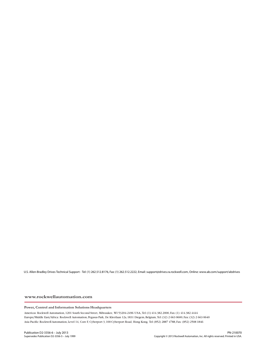 Back cover / publication d2-3356-6 july 2013 | Rockwell Automation SP500  AC Drive Installation and Operation Manual User Manual | Page 124 / 124