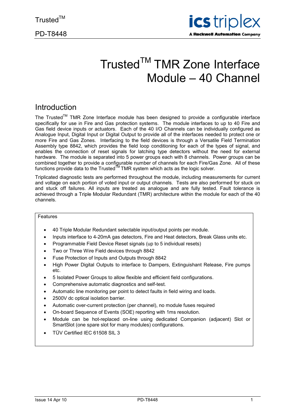Rockwell Automation T8448 Trusted TMR Zone Interface Module - 40 Channel User Manual | 40 pages