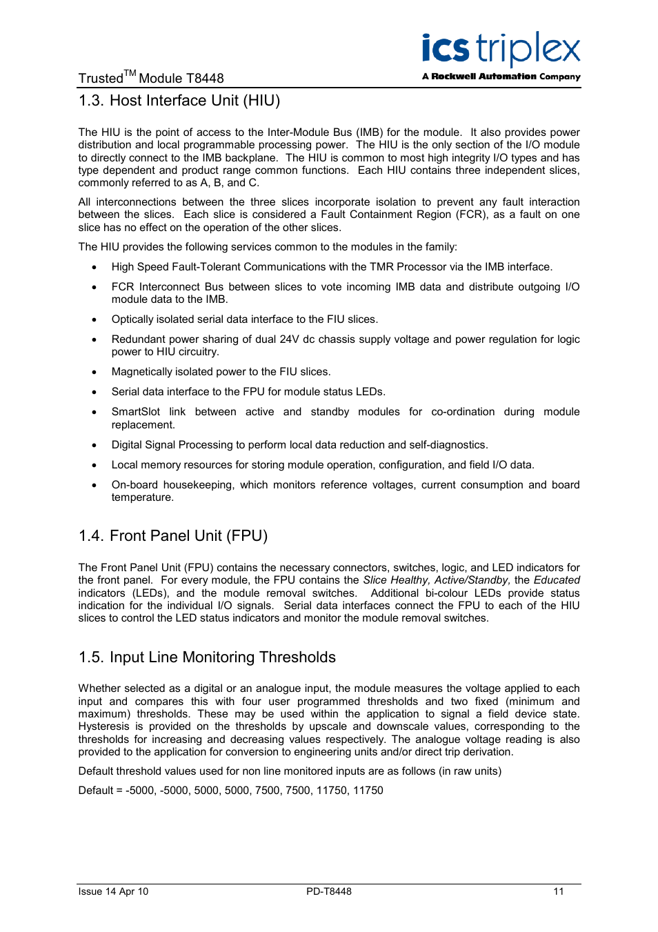 Host interface unit (hiu), Front panel unit (fpu), Input line monitoring thresholds | Rockwell Automation T8448 Trusted TMR Zone Interface Module - 40 Channel User Manual | Page 11 / 40
