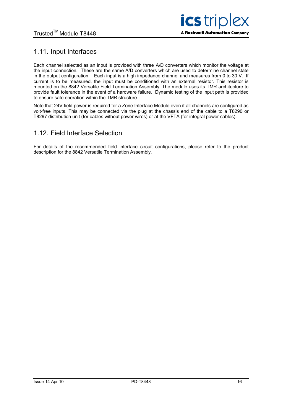 Input interfaces, Field interface selection | Rockwell Automation T8448 Trusted TMR Zone Interface Module - 40 Channel User Manual | Page 16 / 40