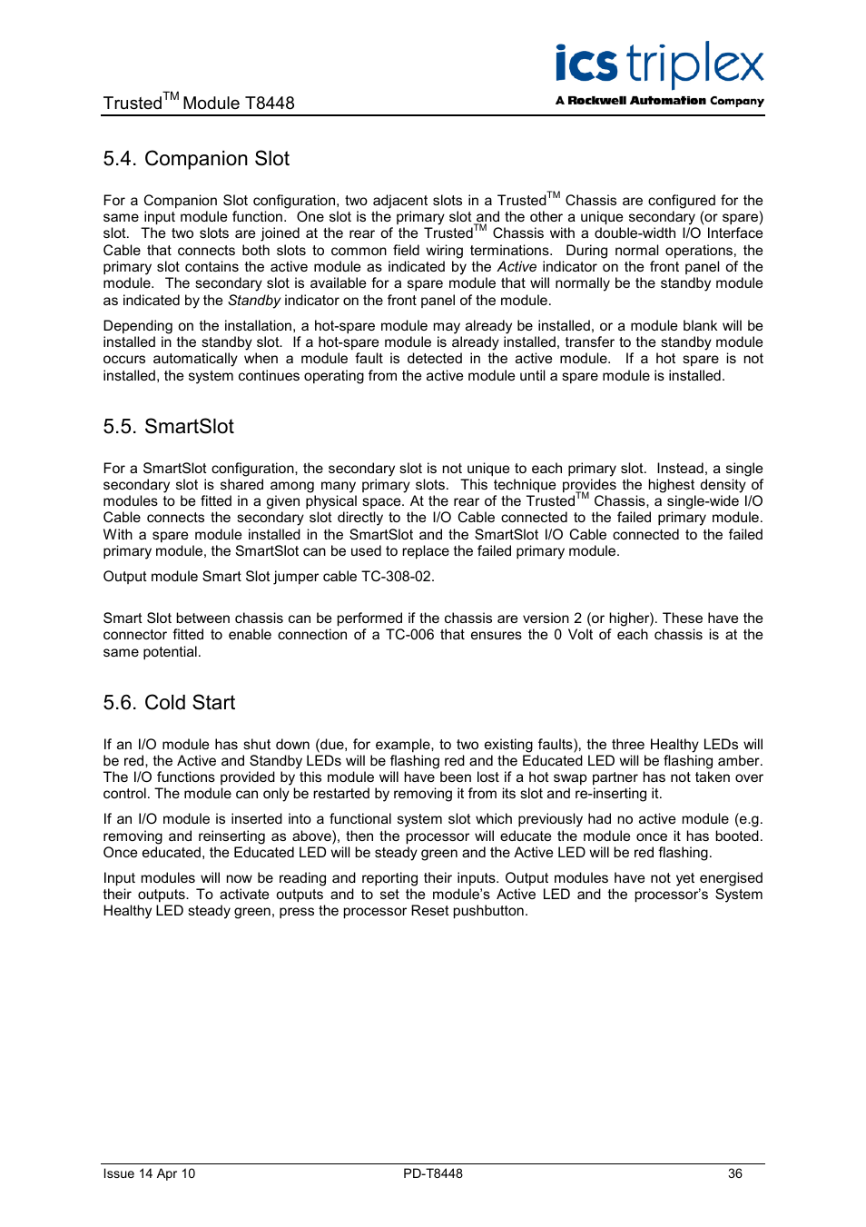 Companion slot, Smartslot, Cold start | Trusted, Module t8448 | Rockwell Automation T8448 Trusted TMR Zone Interface Module - 40 Channel User Manual | Page 36 / 40