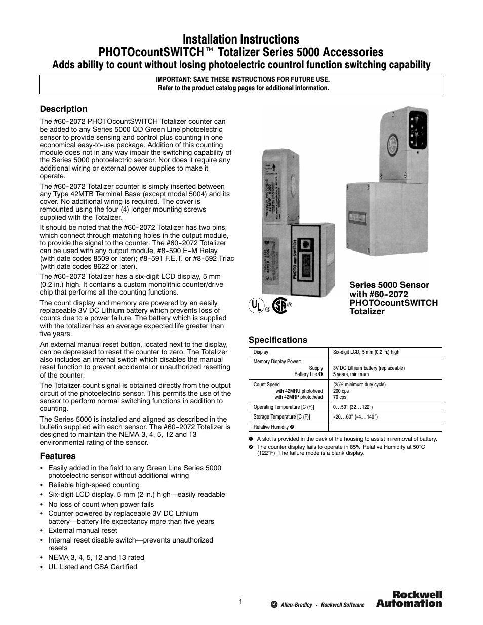 Rockwell Automation 60-2072 PHOTOcountSWITCH Totalizer Series 5000 Accessories User Manual | 4 pages