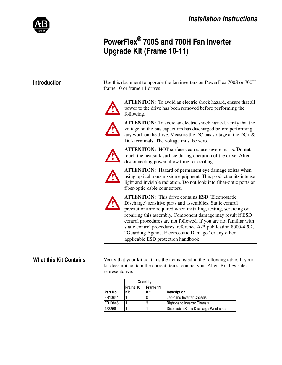 Rockwell Automation 20D PowerFlex 700S/H Fan Inverter Upgrade Kit (Frame 10-11) User Manual | 12 pages