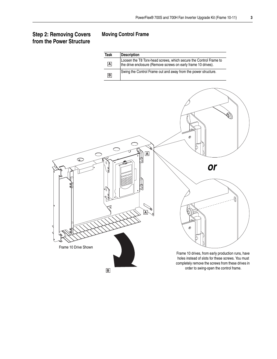 Step 2: removing covers from the power structure | Rockwell Automation 20D PowerFlex 700S/H Fan Inverter Upgrade Kit (Frame 10-11) User Manual | Page 3 / 12