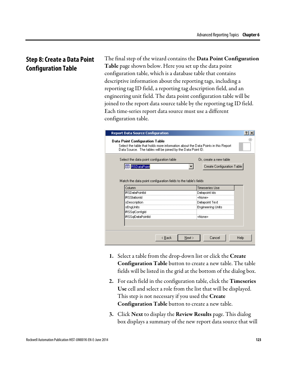 Step 8: create a data point configuration table | Rockwell Automation FactoryTalk Historian Classic User Guide User Manual | Page 123 / 164