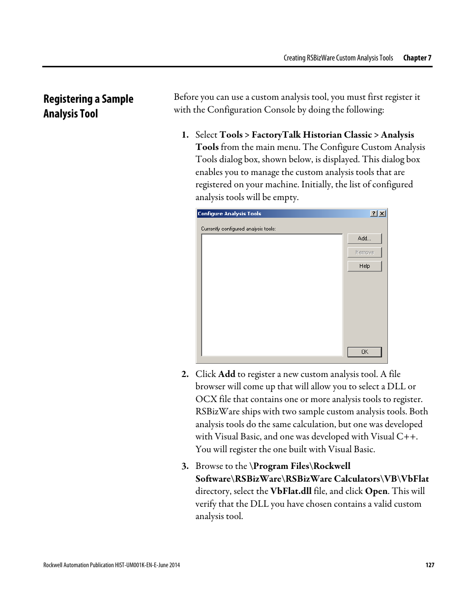 Registering a sample analysis tool | Rockwell Automation FactoryTalk Historian Classic User Guide User Manual | Page 127 / 164