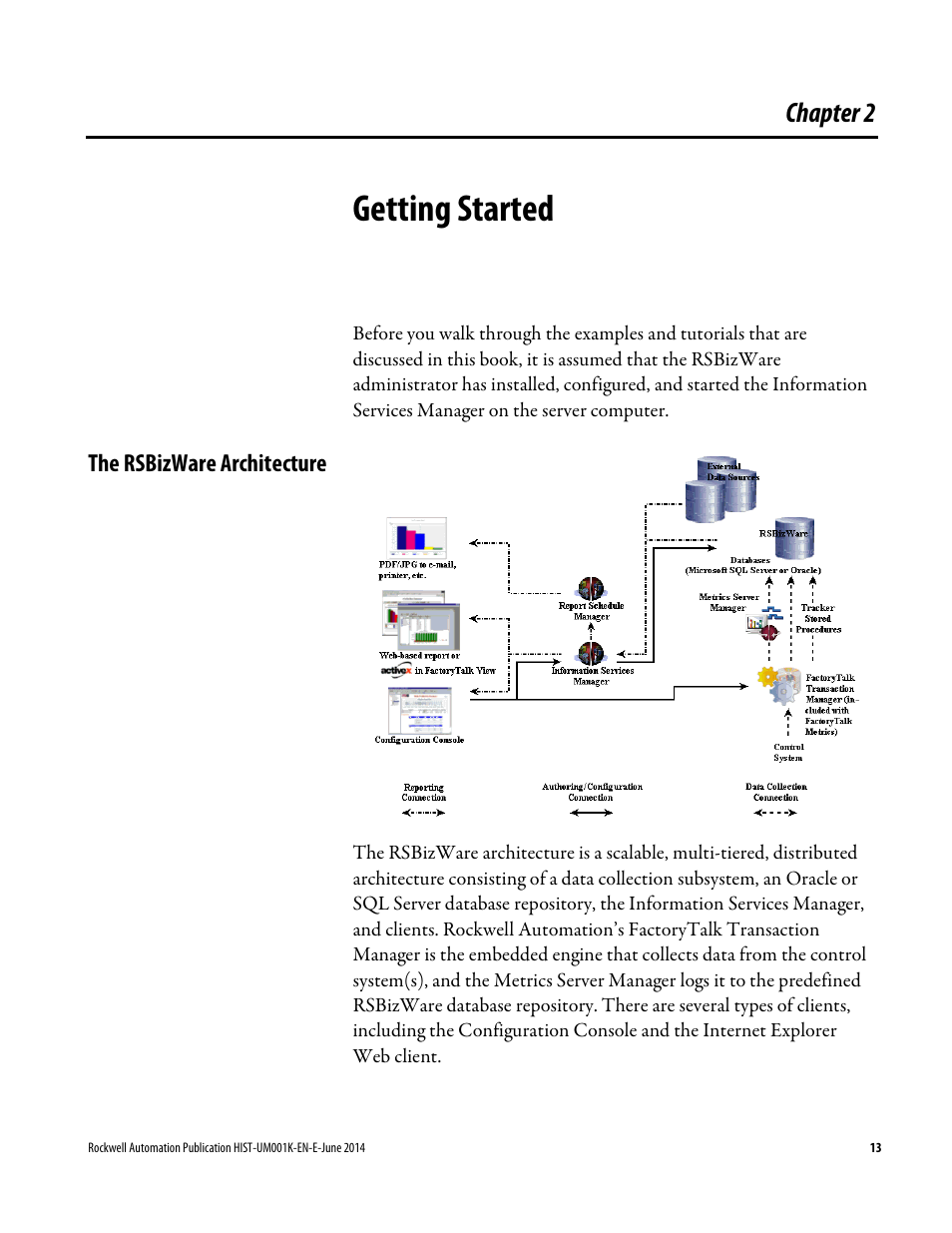 Getting started, The rsbizware architecture, Chapter 2 | Rockwell Automation FactoryTalk Historian Classic User Guide User Manual | Page 13 / 164