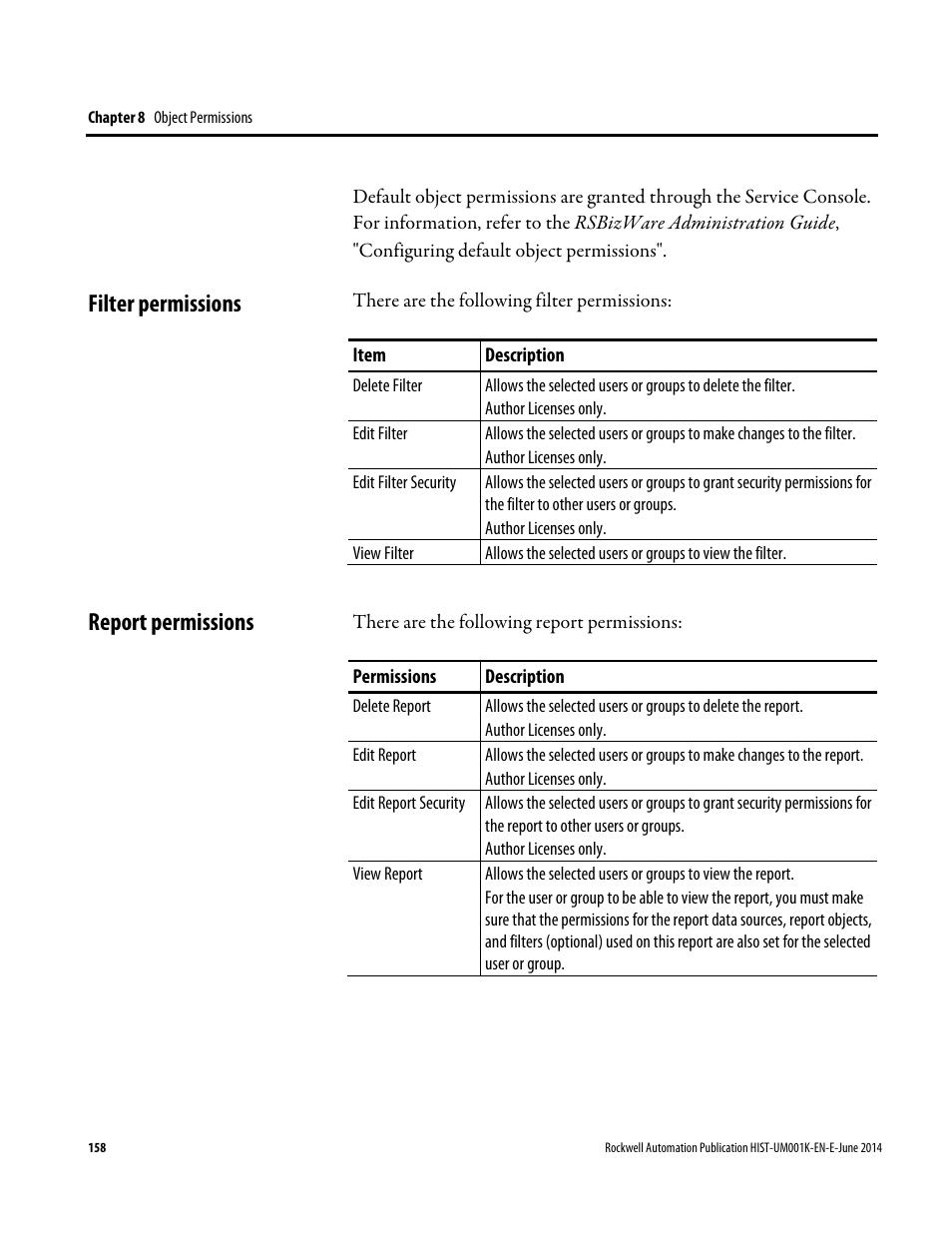 Filter permissions, Report permissions, Filter permissions report permissions | Rockwell Automation FactoryTalk Historian Classic User Guide User Manual | Page 158 / 164