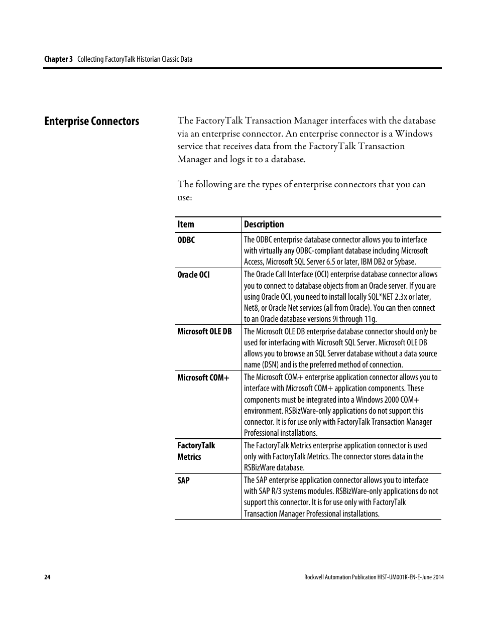 Enterprise connectors | Rockwell Automation FactoryTalk Historian Classic User Guide User Manual | Page 24 / 164