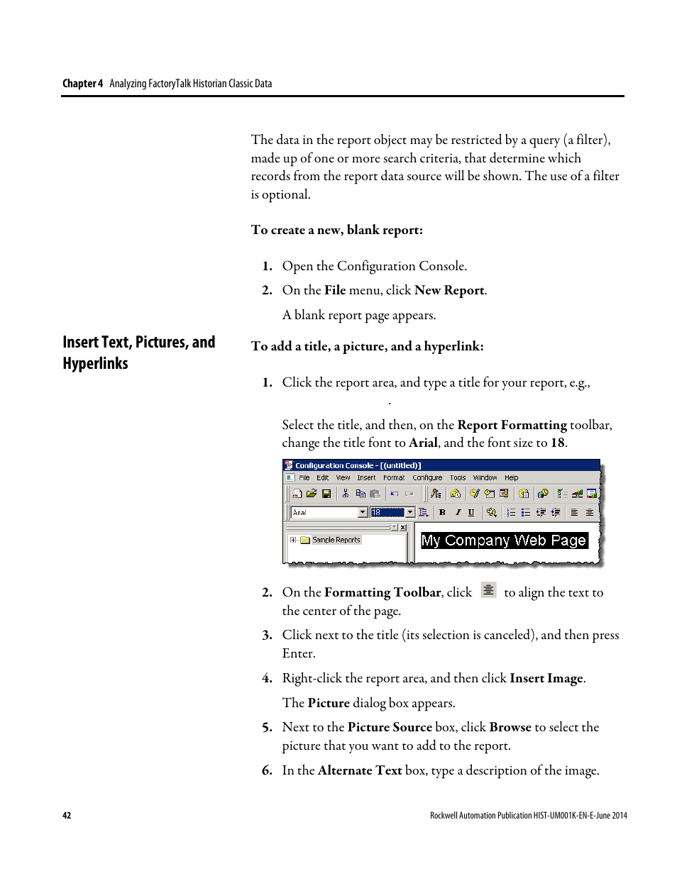 Insert text, pictures, and hyperlinks | Rockwell Automation FactoryTalk Historian Classic User Guide User Manual | Page 42 / 164