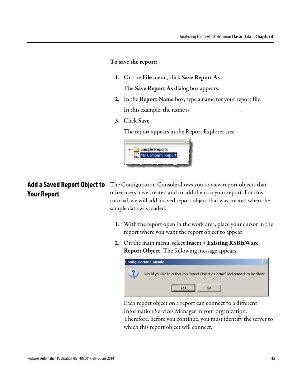 Add a saved report object to your report | Rockwell Automation FactoryTalk Historian Classic User Guide User Manual | Page 45 / 164