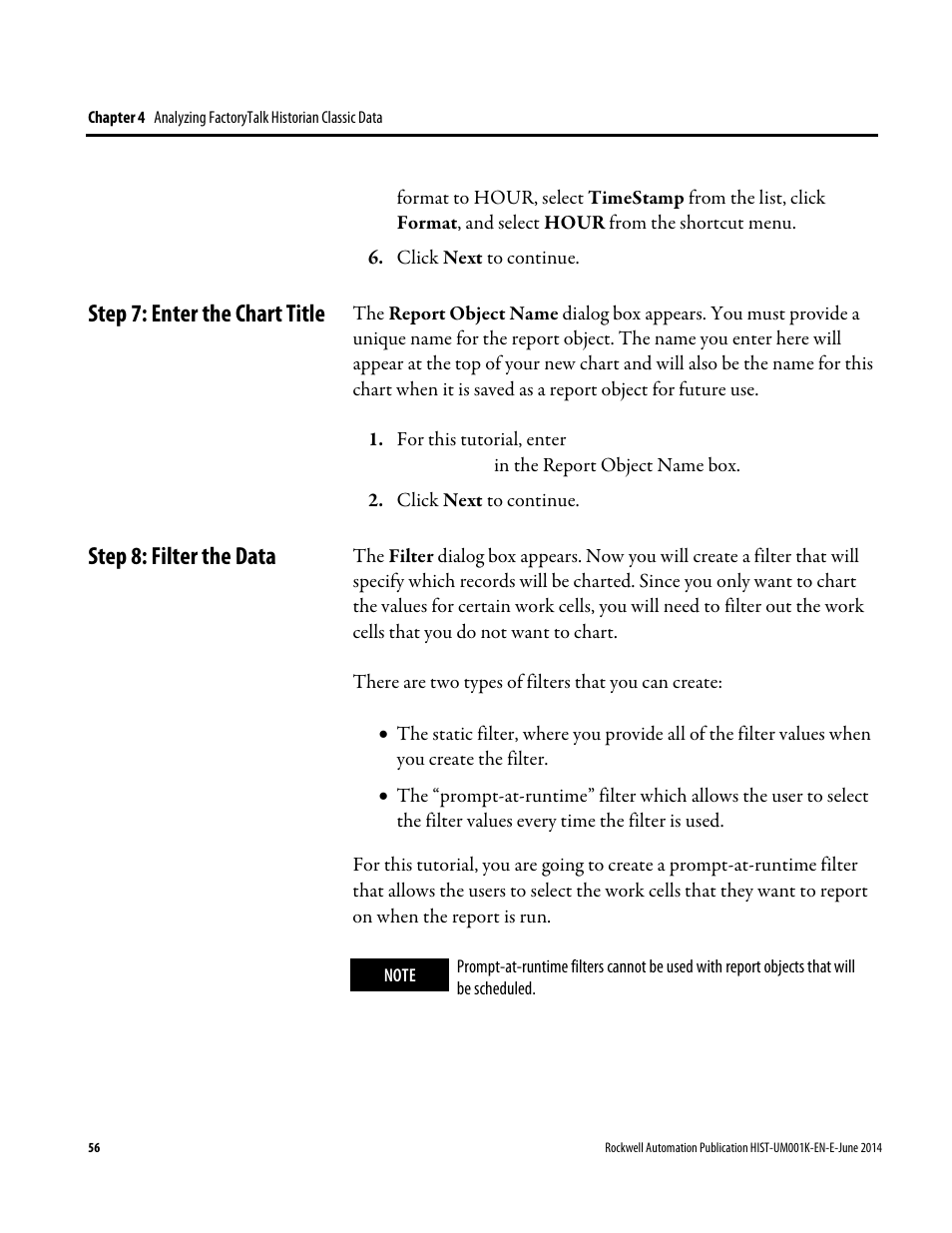 Step 7: enter the chart title, Step 8: filter the data | Rockwell Automation FactoryTalk Historian Classic User Guide User Manual | Page 56 / 164