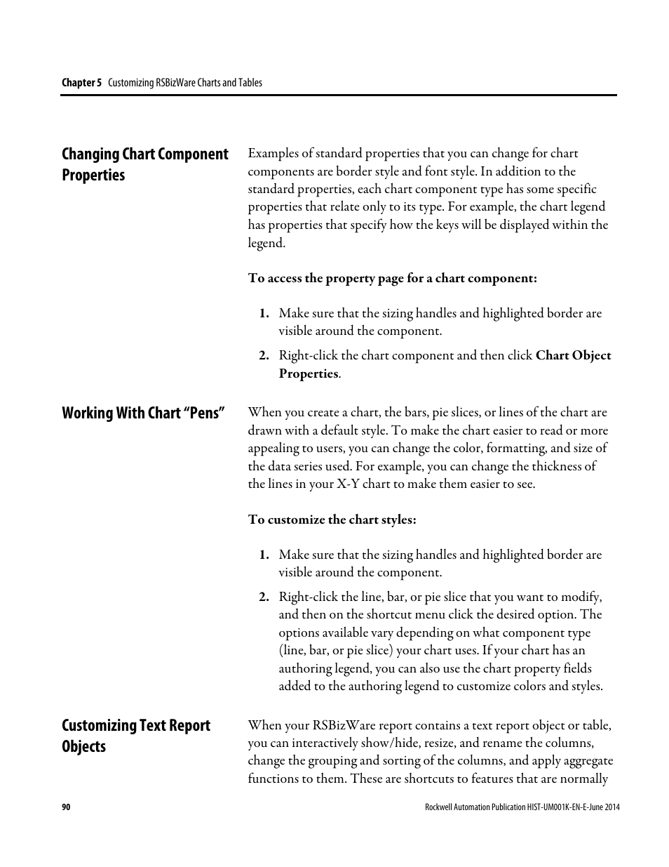 Changing chart component properties, Working with chart “pens, Customizing text report objects | Rockwell Automation FactoryTalk Historian Classic User Guide User Manual | Page 90 / 164