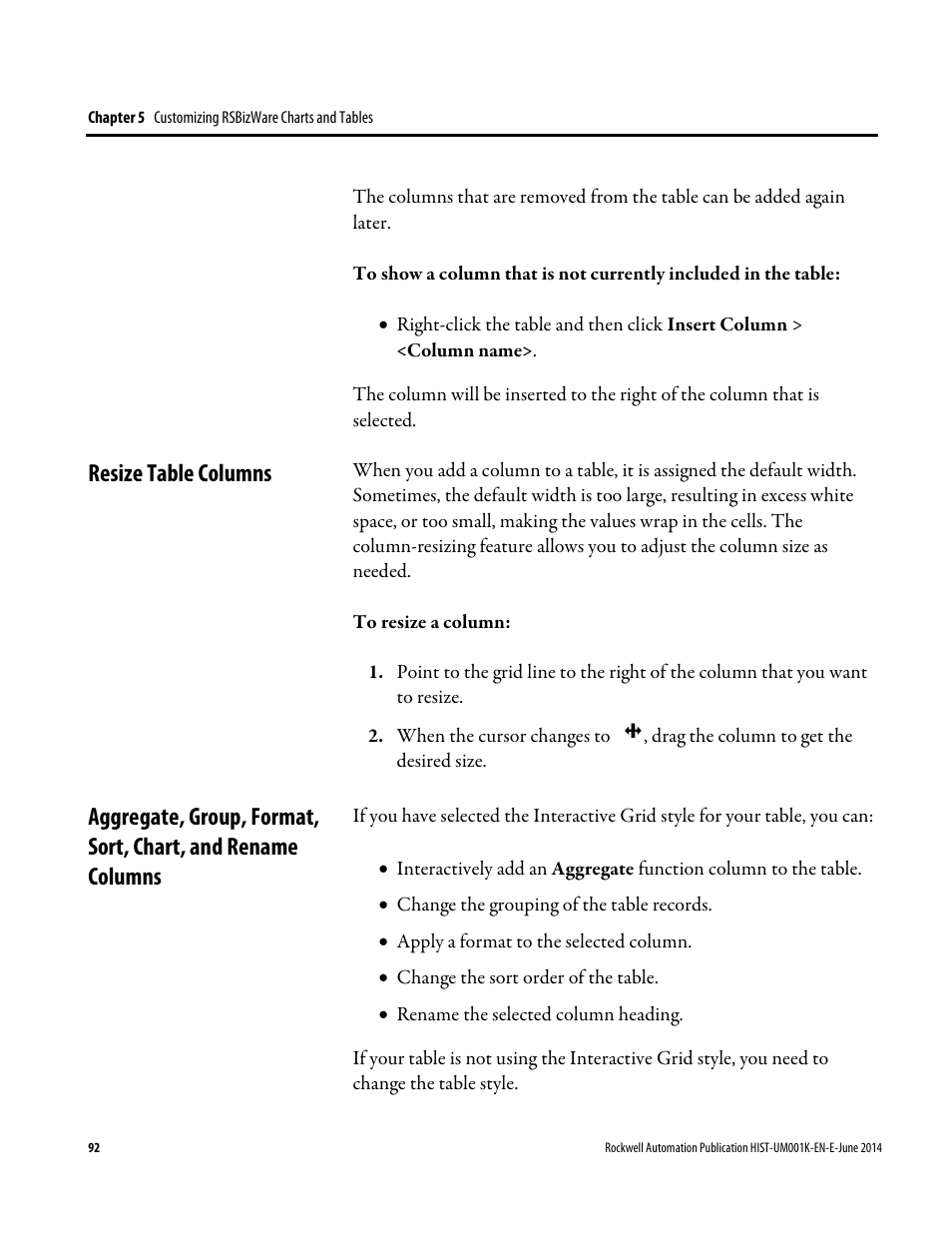 Resize table columns | Rockwell Automation FactoryTalk Historian Classic User Guide User Manual | Page 92 / 164