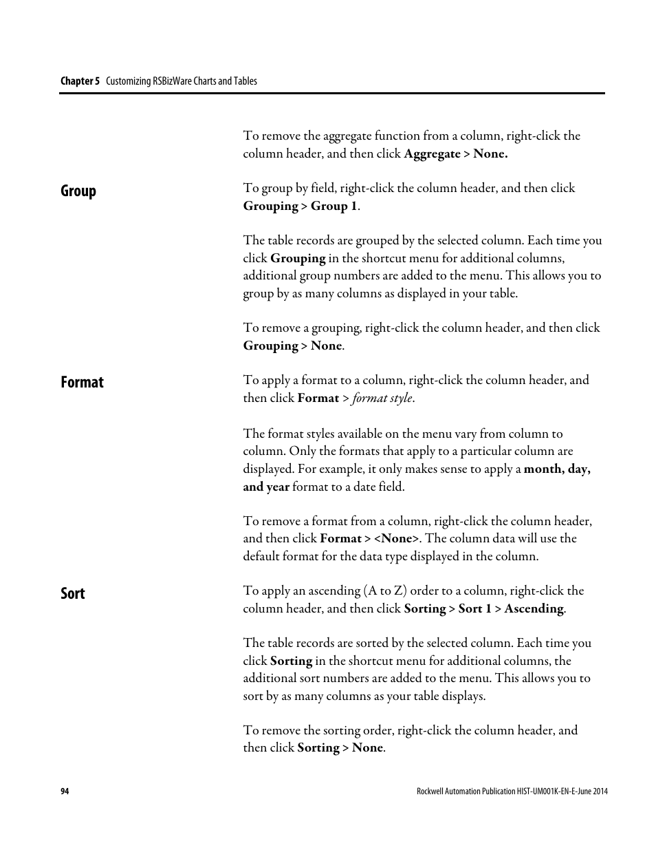 Group, Format, Sort | Group 94, Format 94, Group format sort | Rockwell Automation FactoryTalk Historian Classic User Guide User Manual | Page 94 / 164