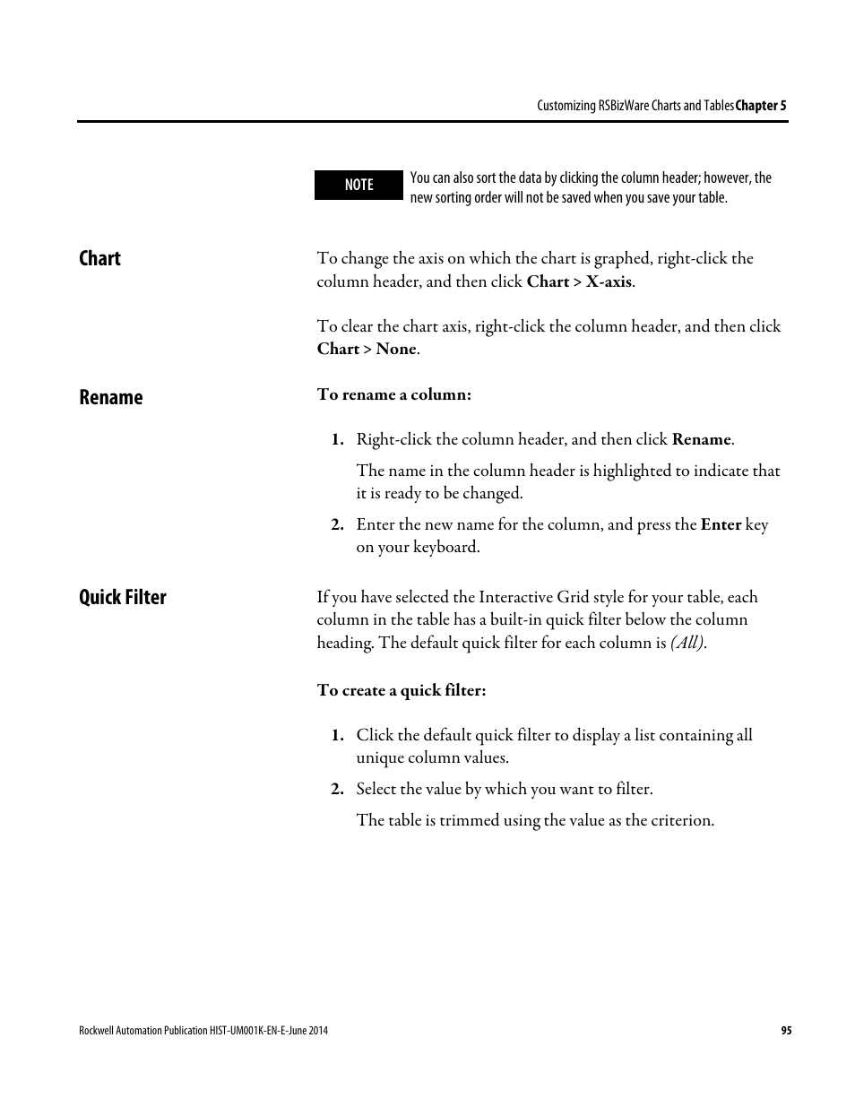 Chart, Rename, Quick filter | Chart 95, Rename 95, Chart rename quick filter | Rockwell Automation FactoryTalk Historian Classic User Guide User Manual | Page 95 / 164