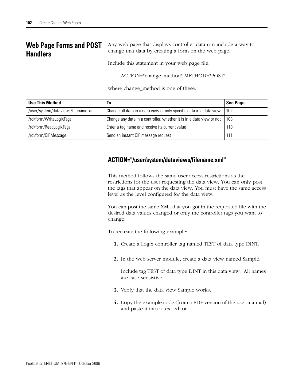 Action="/user/system/dataviews/filename.xml, Web page forms and post handlers | Rockwell Automation 1768-EWEB EtherNet/IP Web Server Module User Manual User Manual | Page 102 / 170
