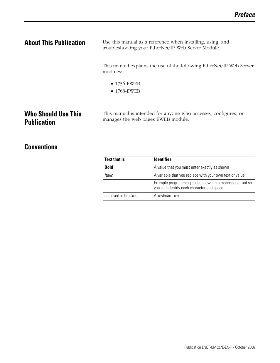 Preface, About this publication, Who should use this publication | Conventions, Preface about this publication | Rockwell Automation 1768-EWEB EtherNet/IP Web Server Module User Manual User Manual | Page 11 / 170