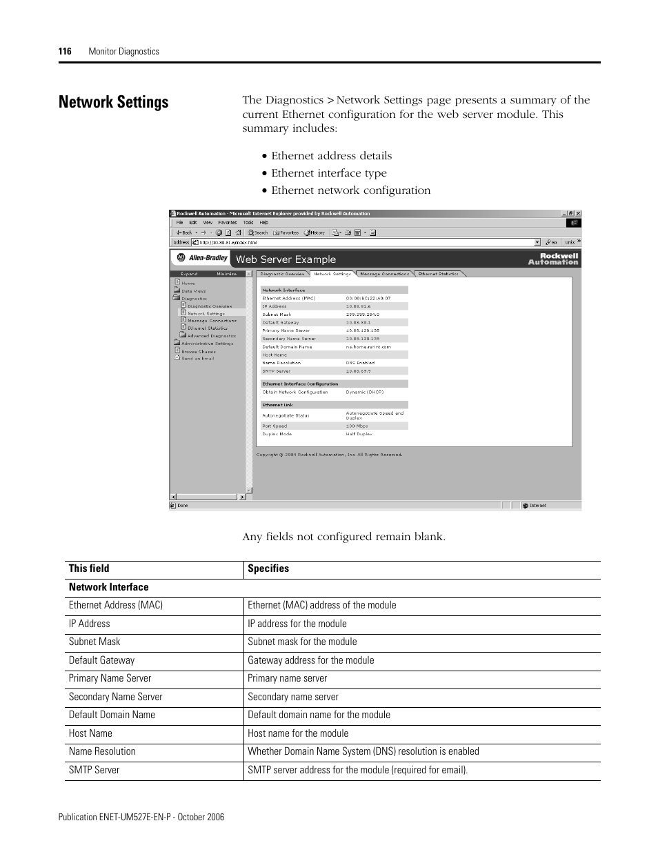 Network settings | Rockwell Automation 1768-EWEB EtherNet/IP Web Server Module User Manual User Manual | Page 116 / 170