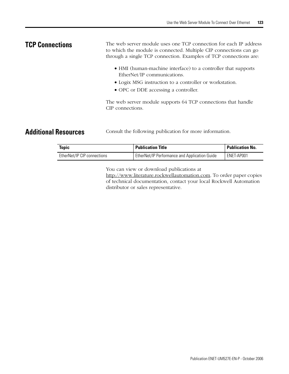 Tcp connections, Additional resources, Tcp connections additional resources | Rockwell Automation 1768-EWEB EtherNet/IP Web Server Module User Manual User Manual | Page 123 / 170