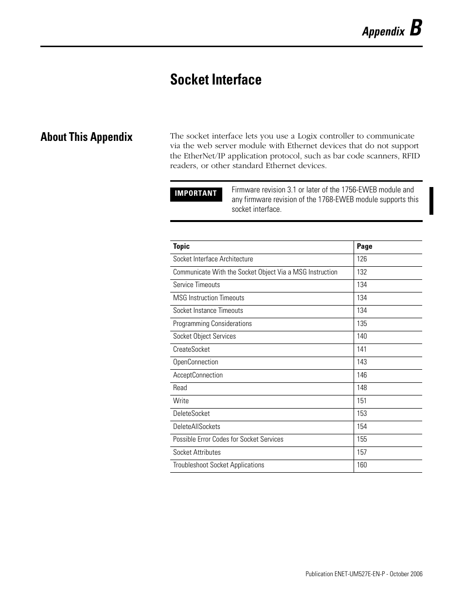 Appendix b, Socket interface, About this appendix | Appendix | Rockwell Automation 1768-EWEB EtherNet/IP Web Server Module User Manual User Manual | Page 125 / 170