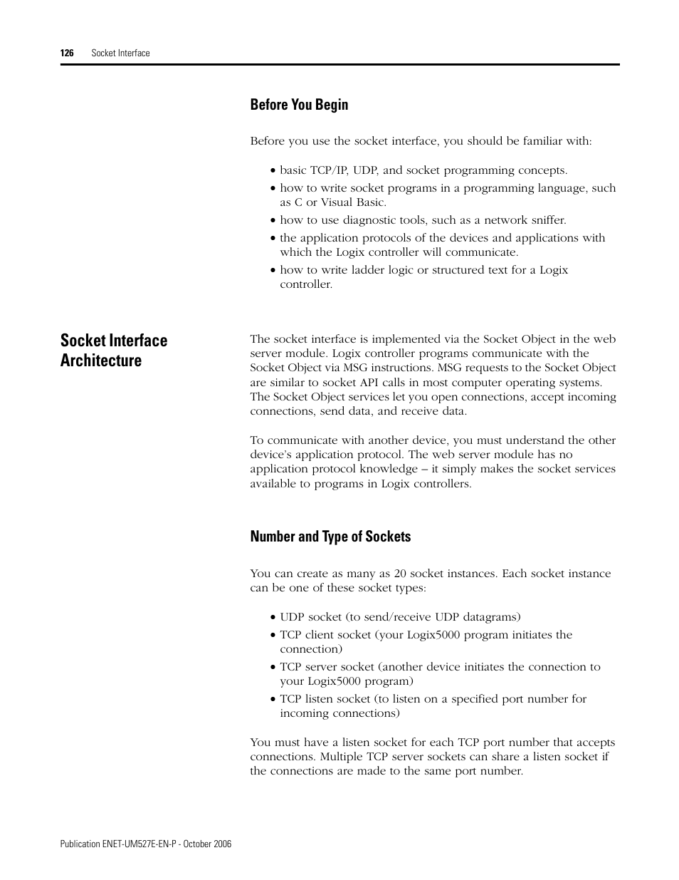Before you begin, Socket interface architecture, Number and type of sockets | Rockwell Automation 1768-EWEB EtherNet/IP Web Server Module User Manual User Manual | Page 126 / 170