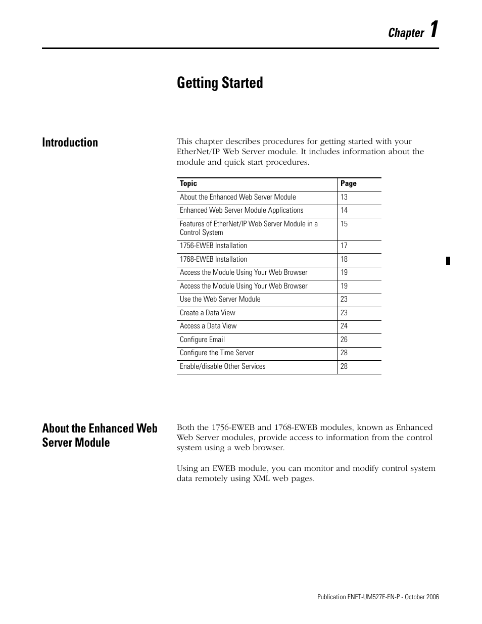 Chapter 1, Getting started, Introduction | About the enhanced web server module, 1 - getting started, Introduction about the enhanced web server module, Chapter | Rockwell Automation 1768-EWEB EtherNet/IP Web Server Module User Manual User Manual | Page 13 / 170