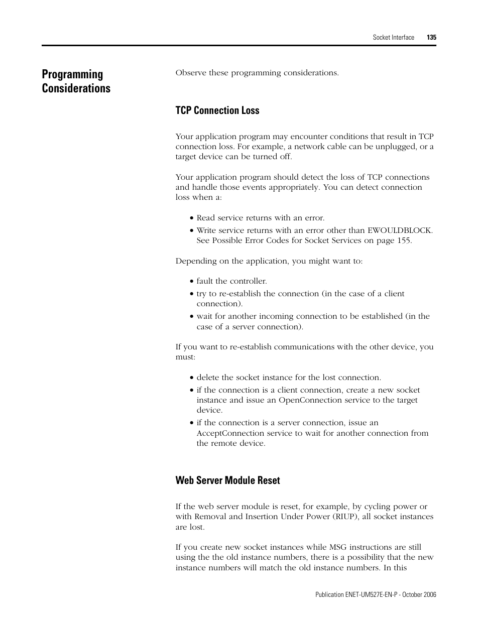 Programming considerations, Tcp connection loss, Web server module reset | Tcp connection loss web server module reset | Rockwell Automation 1768-EWEB EtherNet/IP Web Server Module User Manual User Manual | Page 135 / 170