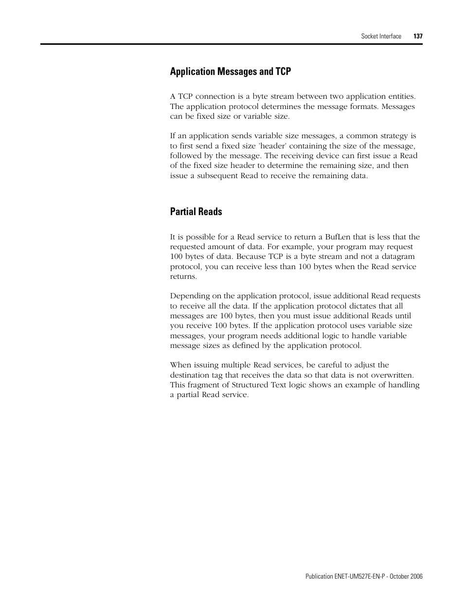 Application messages and tcp, Partial reads, Application messages and tcp partial reads | Rockwell Automation 1768-EWEB EtherNet/IP Web Server Module User Manual User Manual | Page 137 / 170