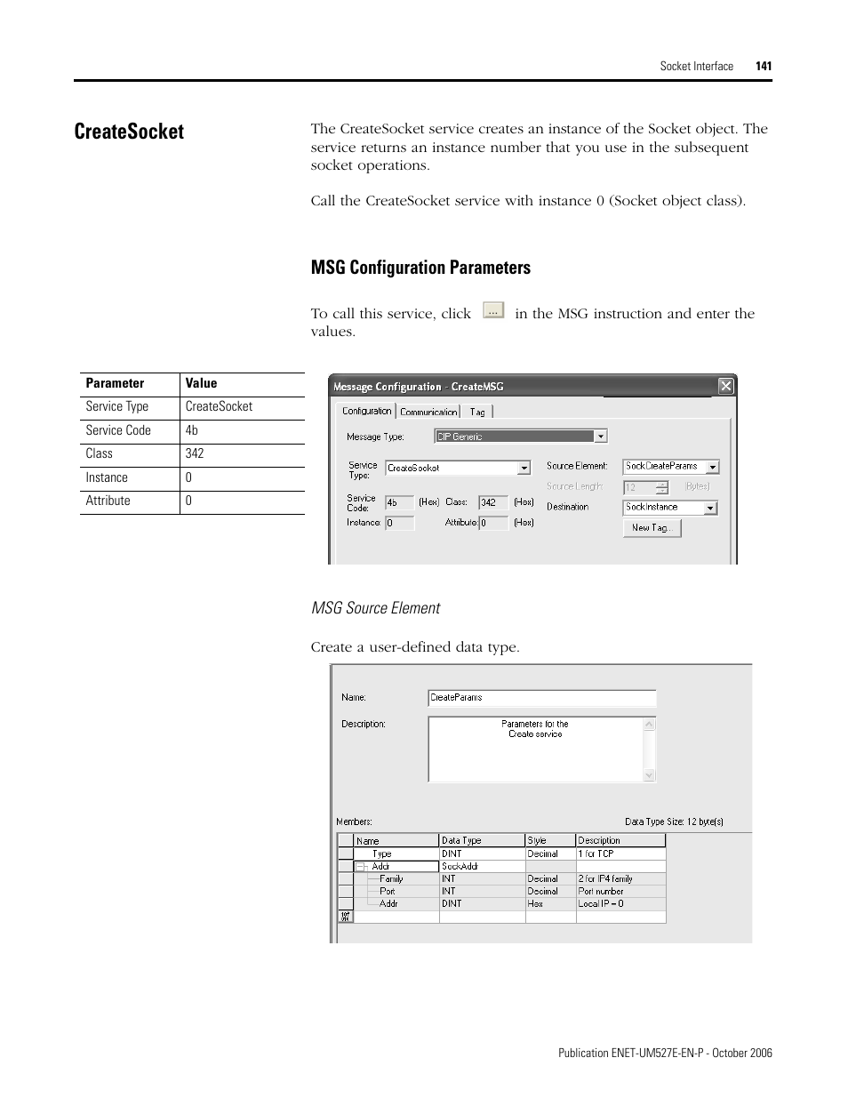 Createsocket, Msg configuration parameters | Rockwell Automation 1768-EWEB EtherNet/IP Web Server Module User Manual User Manual | Page 141 / 170