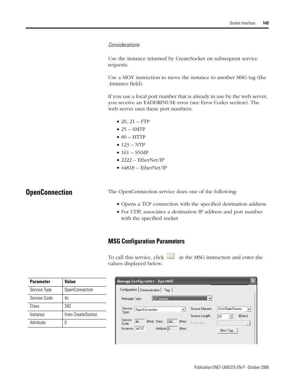 Openconnection, Msg configuration parameters | Rockwell Automation 1768-EWEB EtherNet/IP Web Server Module User Manual User Manual | Page 143 / 170