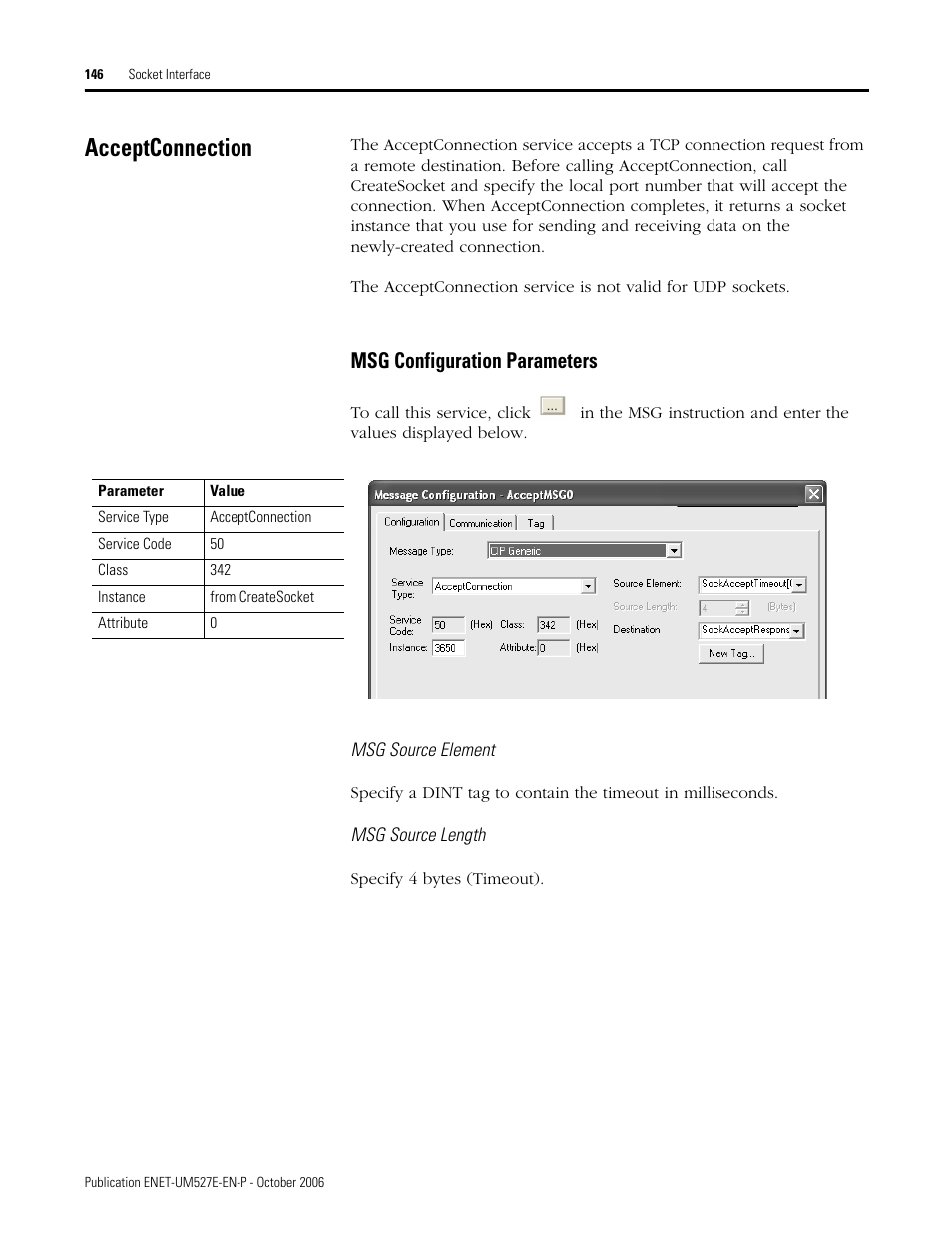 Acceptconnection, Msg configuration parameters | Rockwell Automation 1768-EWEB EtherNet/IP Web Server Module User Manual User Manual | Page 146 / 170