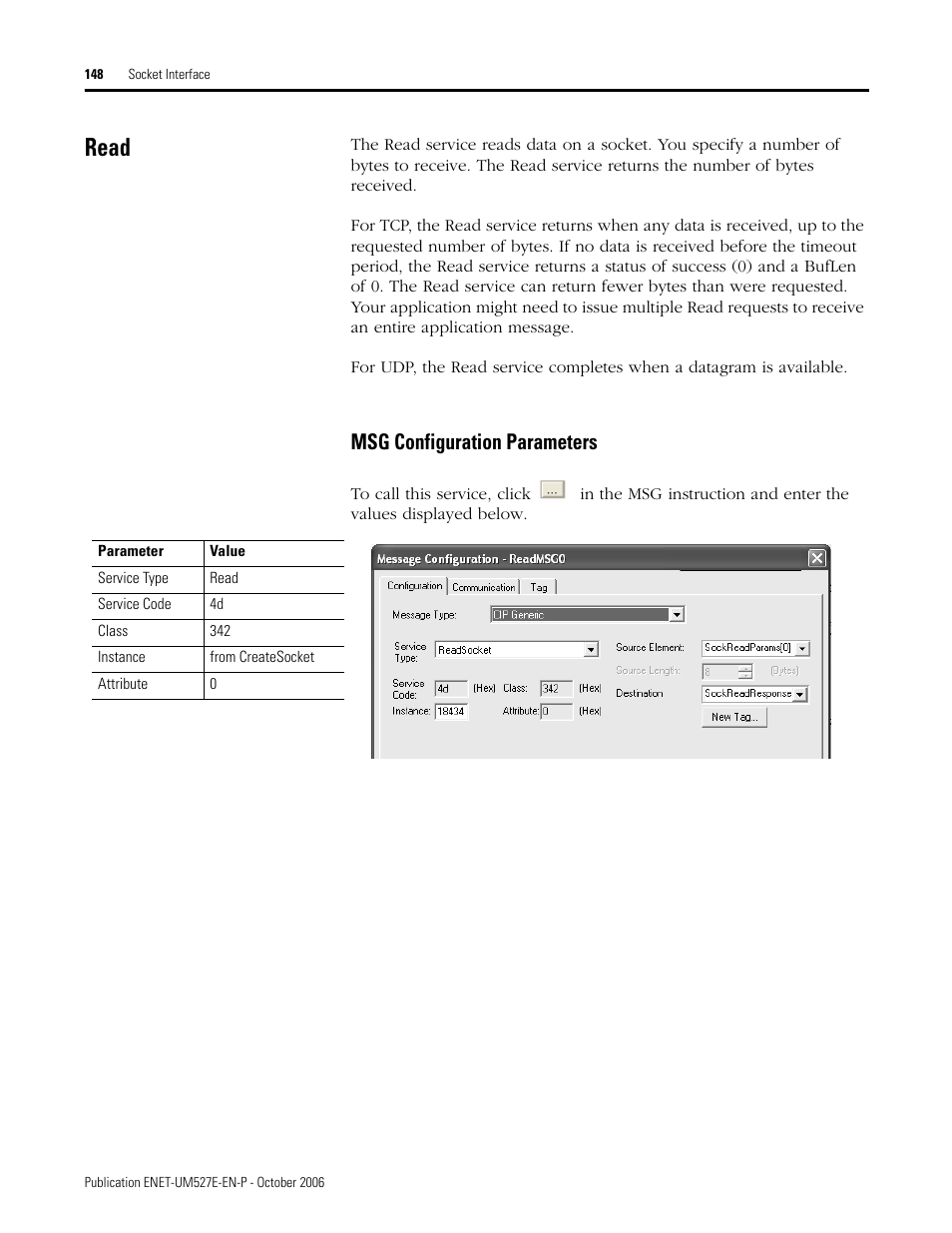 Read, Msg configuration parameters | Rockwell Automation 1768-EWEB EtherNet/IP Web Server Module User Manual User Manual | Page 148 / 170