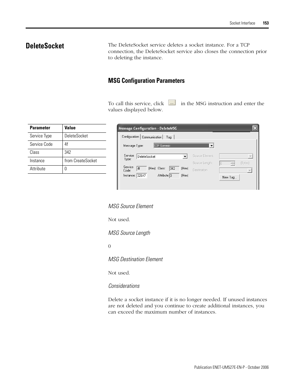 Deletesocket, Msg configuration parameters | Rockwell Automation 1768-EWEB EtherNet/IP Web Server Module User Manual User Manual | Page 153 / 170