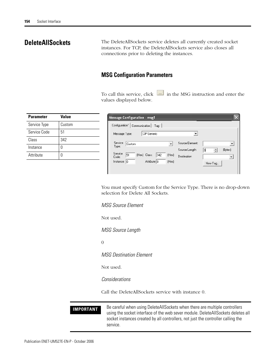 Deleteallsockets, Msg configuration parameters | Rockwell Automation 1768-EWEB EtherNet/IP Web Server Module User Manual User Manual | Page 154 / 170