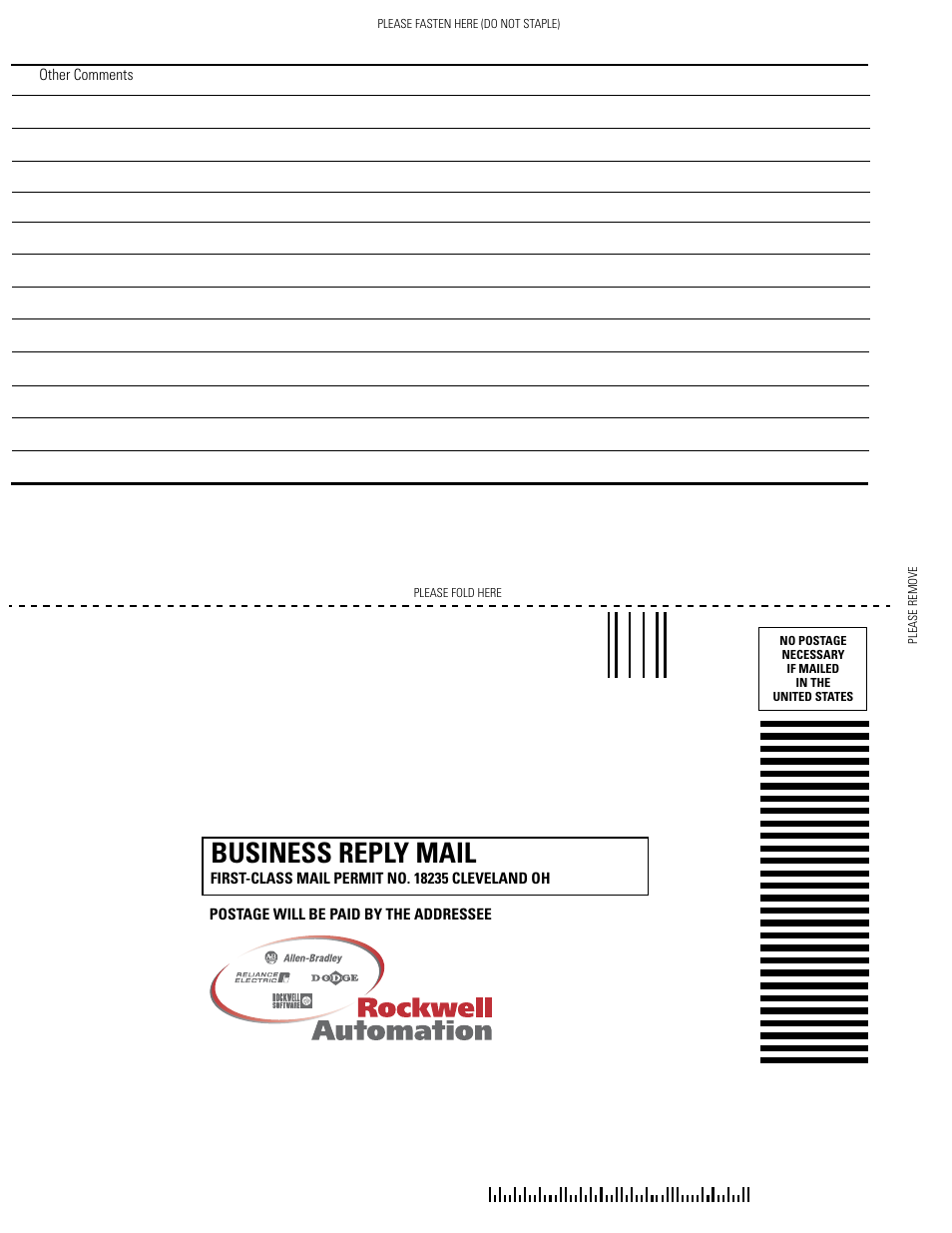 Business reply mail | Rockwell Automation 1768-EWEB EtherNet/IP Web Server Module User Manual User Manual | Page 168 / 170