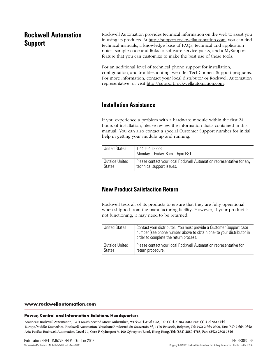 Installation assistance, New product satisfaction return, Rockwell automation support | Rockwell Automation 1768-EWEB EtherNet/IP Web Server Module User Manual User Manual | Page 170 / 170